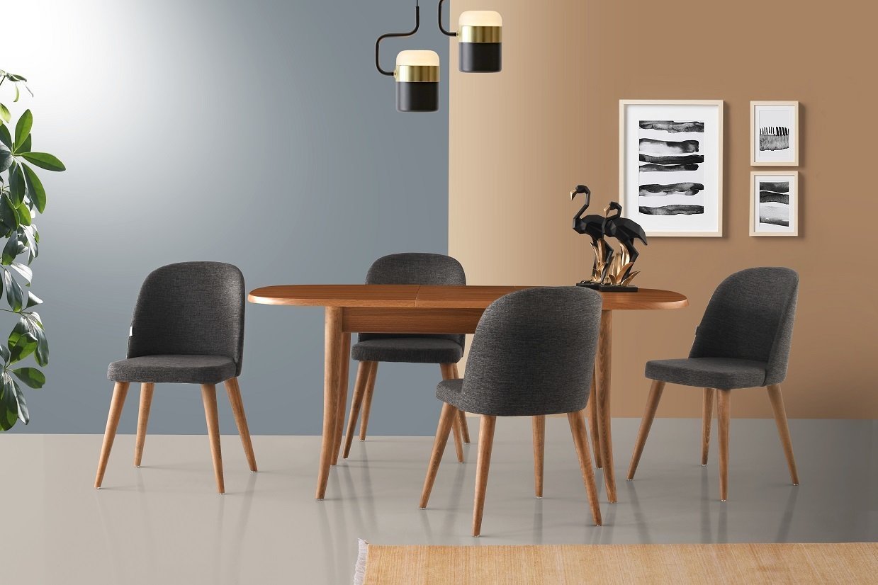 Sorite Oval Ahşao Ayaklı Masa Tuna Ahşap Sandalye Takımı